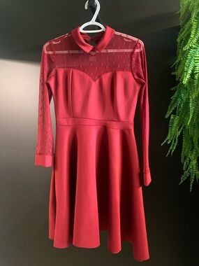 Gossip Red Fit-and-Flare Dress with Sheer Dot Yoke